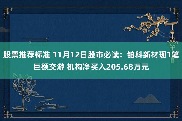 股票推荐标准 11月12日股市必读：铂科新材现1笔巨额交游 机构净买入205.68万元