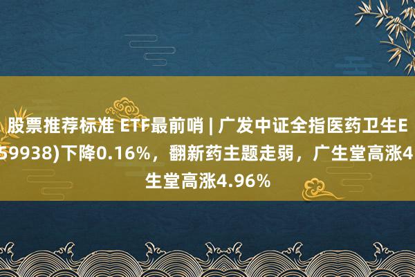 股票推荐标准 ETF最前哨 | 广发中证全指医药卫生ETF(159938)下降0.16%，翻新药主题走弱，广生堂高涨4.96%